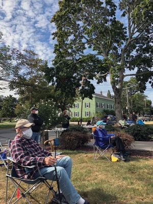 Mattapoisett Congregational Church
Mattapoisett Congregational Church held outdoor service on Sunday featuring “Bring your own lawn chair,” as some folks sat in cars at curbside. No hymns were sung by members; the socially distant, mask-clad crowd enjoyed musical tunes by Jake Huntsinger, and Pastor Amy Lignitz-Harken gave the sermon. Communion was served from individual sealed wafers and wine cups (grape juice). The recorded service can be found on ORCTV and on the church’s Facebook link to YouTube. Photos courtesy Jennifer Shepley
