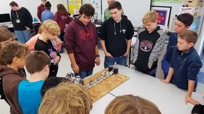 Old Colony “Vex team”
Old Colony “Vex team” engineering students visited Old Hammondtown School on October 24 and showed off some mad robotics skills. Jake Amadea, Tyler Blanchette, Jared Boren, Austin DeSousa, Chris Lambert, Isabella Mauradian, and Leandra Stroud-Jackson from Daniel Brush’s class showed OHS students how they built, programmed, and now operate their robots; something each of the OC engineering students is passionate about. Photos by Lisa Lourenco and E.O. Bednarczyk
