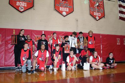 Old Rochester Regional Unified Basketball Team
The Old Rochester Regional Unified Basketball Team dominated Tri-Town Fire and Police to the delight of a packed ORR gymnasium on November 21. ORR seniors Traeh Carrington, John Butler and Jake Newton were recognized. Police chiefs Jason King (Mattapoisett), Robert Small (Rochester) and Richard Nighelli (Marion) presented $200 each from their respective departments to ORR’s Unified sports program, and nearly $2,700 was raised in ticket, T-shirt and concession sales. Photos by Mick Colageo
