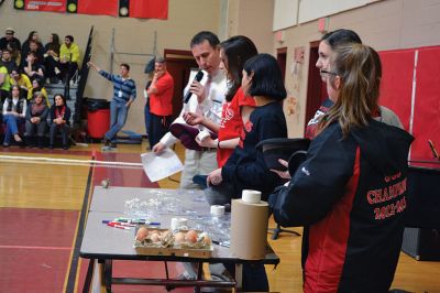 ORR Pep Rally
Principal Michael Devoll gave Old Rochester Regional High School students a “shot in the arm” of school spirit on Friday January 31 – rather overdue for a school with a varsity basketball team currently in first place, a number of losing streaks in sports that have finally come to an end, and an undefeated debate team, among other reasons for students to be proud. Photo by Jean Perry
