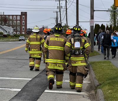 Rochester Fire Department
Members of the Rochester Fire Department participated in full gear for Saturday’s, 3-mile Team Hero's Walk held at Fort Taber in New Bedford. In the department’s 10th year walking, the participants raised $8,500, the largest amount raised to date as they symbolized the extra weight of living with Multiple Sclerosis. In 2014, Deputy Fire Chief and Highway Surveyor Jeff Eldridge was diagnosed with MS after experiencing the pain of trigeminal neuralgia, a condition he continues to battle while serving the Town
