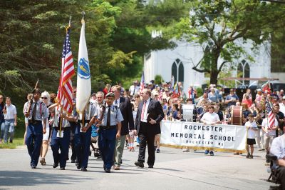 Rochester Memorial Day
Rochester fared far better with its Memorial Day celebration than Marion and Mattapoisett did with theirs on rainy Monday. Sunday, May 29, was a picture perfect day for a parade. At the Town Hall, the names of the fallen soldiers were read aloud and the Rochester Memorial School Band played patriotic songs before heading out for the parade. Photos by Colin Veitch
