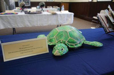 Mattapoisett Free Public Library 
A program that began in 2019 at the Mattapoisett Free Public Library aimed toward inspiring a more sustainable community has brought about an art exhibit featuring works created from repurposed materials. Photos by Mick Colageo
