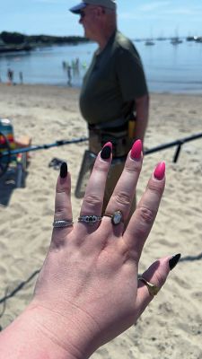 lost Ring
Em Foye thought the two rings she lost paddleboarding in Mattapoisett Harbor on July 13 were gone forever until Julie Lariviere Clark connected her to Fred Lorraine. Having taken up metal detection as a hobby, Lorraine found the rings in a matter of two mornings at the Town Beach. Photos courtesy Em Foye
