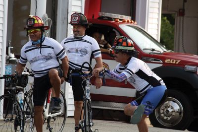 Firefighters Memorial 
Eight firefighters – four from Rochester – followed bagpiper Iain Massie to the Firefighters Memorial the morning of 8/24 to begin the inaugural four-day, 316-mile long Southern New England Brotherhood Ride, organized by Rochester Firefighter Andy Weigel. The ride was to remember 14 who lost their lives in the line of duty this past year. Photos by Jean Perry
