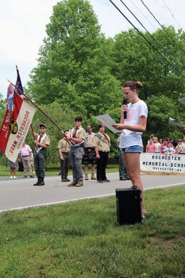 Rochester Memorial Day
The Town of Rochester held a Memorial Day procession on May 26 from Town Hall to Daggett Square, where the Select Board read the names of residents who served in the Civil War and foreign conflicts. The board also ordained Rochester as a Purple Heart Town. Boy Scout Troop 31 and the Rochester Memorial School Band participated. Project 351 student Sadie Hartley Matteson read The Gettysburg Address, Troop 31 member Zach Gagne read the governor’s proclamation and Representative William Straus addressed attende
