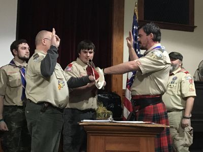 Rochester Boy Scouts Troop 31
Rochester Boy Scouts Troop 31 said a fond farewell to its scoutmaster of nine years, Mike Blanchard. A cake with an uncanny likeness of Blanchard was enjoyed after the ceremony. Nine candles symbolized the nine years Blanchard spent as scoutmaster. Photo by Jean Perry

