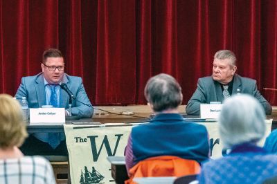 Mattapoisett Select Board Candidates
Mattapoisett Select Board Chairman Jordan Collyer and Don LaMarr, his challenger in the May 17 Town Election, express their thoughts on May 4 at Old Hammondtown Elementary School during a candidates’ event organized by The Wanderer and moderated by Don Cuddy of the Mattapoisett Land Trust. Photos by Ryan Feeney
