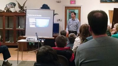 Dr. Tom Burns
Dr. Tom Burns, an avid underwater photographer, shared many of the photos he has taken of many of New England’s shark species in a lively and entertaining program at the Marion Natural History Museum last Friday. Dr. Burns is a veterinarian on Cape Cod and enjoys sharing his knowledge of shark species and their natural history with the public. Photos of Blue, Tiger, Hammer head, and of course the White Shark were shown along with anecdotal stories of how and where they were taken. Photos courtesy Elizabeth 
