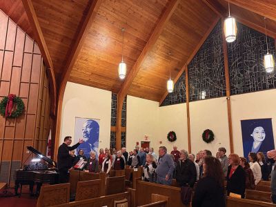 Sippican Choral Society 
The Sippican Choral Society at their first rehearsal of the new year on January 6 in the Wickenden Chapel in Marion. Darry Dolezal is seen as Music Director. In preparation for their “60s Songs for 60 Years” concert this May, celebrating their 60th anniversary, the choir meets on Mondays to practice. 
