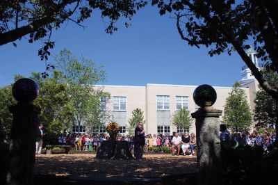 Children’s Memorial Garden
Where for many years stood a tall spruce tree at Sippican Elementary School is now a large stump at the center of a newly dedicated Children’s Memorial Garden honoring the lives of former students Marques Sylvia, Andrew Rego, Alexis Wisner and Cory Jackson. On June 14, Principal Marla Sirois led a celebration of the vision of former Principal Marylou Hobson (1990-2004) and the generosity and effort of Steve Gonsalves, Suzanna Davis, Margie Baldwin and the Pythagorean Lodge. Photos by Mick Colageo
