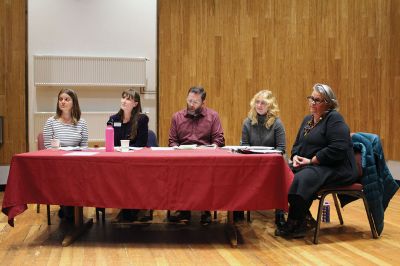 ommunity Conversations
Old Rochester Regional High School junior Alia Cusolito reads a statement on the impact of library books to Monday night’s gathering at Tabor Academy’s Stroud Academic Center for a “Community Conversations” event hosted by Tri-Town Against Racism. A panel of librarians spoke to presubmitted questions. Photos by Mick Colageo
