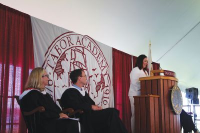 Tabor Academy
Olympic gold medalist Colleen Coyne of the Class of 1989 gave the Commencement Address, as Tabor Academy held its graduation exercises on May 31 under a large, white tent open to the sea air coming off Sippican Harbor. Coyne, a member of the 1998 Team USA ice hockey team, spoke of her experience learning to balance personal success against society’s measure of success. Photos by Mick Colageo
