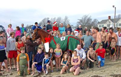 Chilly Christmas Dip
Just some of the 60 estimated participants who braved the chilly weather to take the plunge into the water off the Mattapoisett Town Beach for a Christmas day swim to benefit the local Helping Hands and Hooves organization on the morning of December 25. One of the horses from the local Seahorse Farms where the non-profit organization is based even got into the act. (Photo courtesy of Debbi Dyson).
