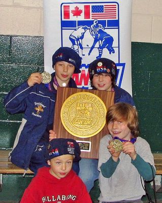 Goal to Gold
Recently a group of Mattapoisett kids were involved in a hockey tournament in Montreal, Canada, where they were successful in winning the Gold Medal. Congratulations to the Hetland Panthers Squirt Hockey Team for capturing the Gold Medal at the CAN/AM Challenge Cup in Montreal, Canada. Mattapoisett Team members pictured here include (clockwise) James Gamache, Cameron Severino, Shane Shaniack Mathews, and Connor Severino.
