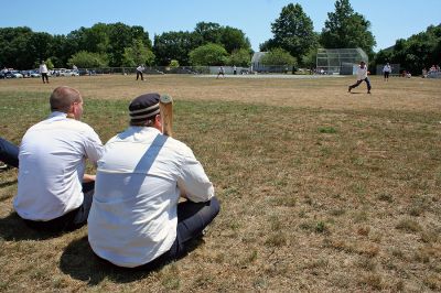 Vintage Base Ball
Members of the Old Ironsides Vintage Base Ball Club played a traditional period game of "base ball" at Old Hammondtown School on Sunday, August 5 as part of Mattapoisett's weeklong 150th Birthday Celebration. (Photo by Robert Chiarito).
